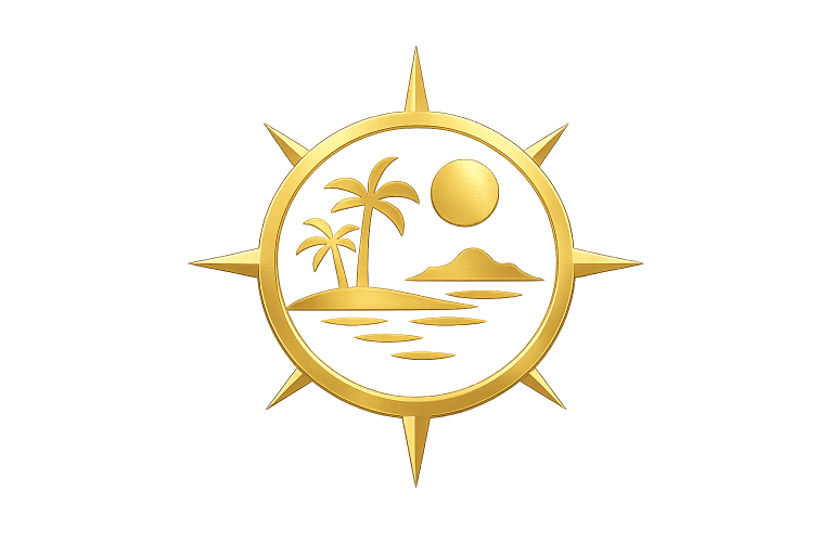 Golden compass emblem with palm trees